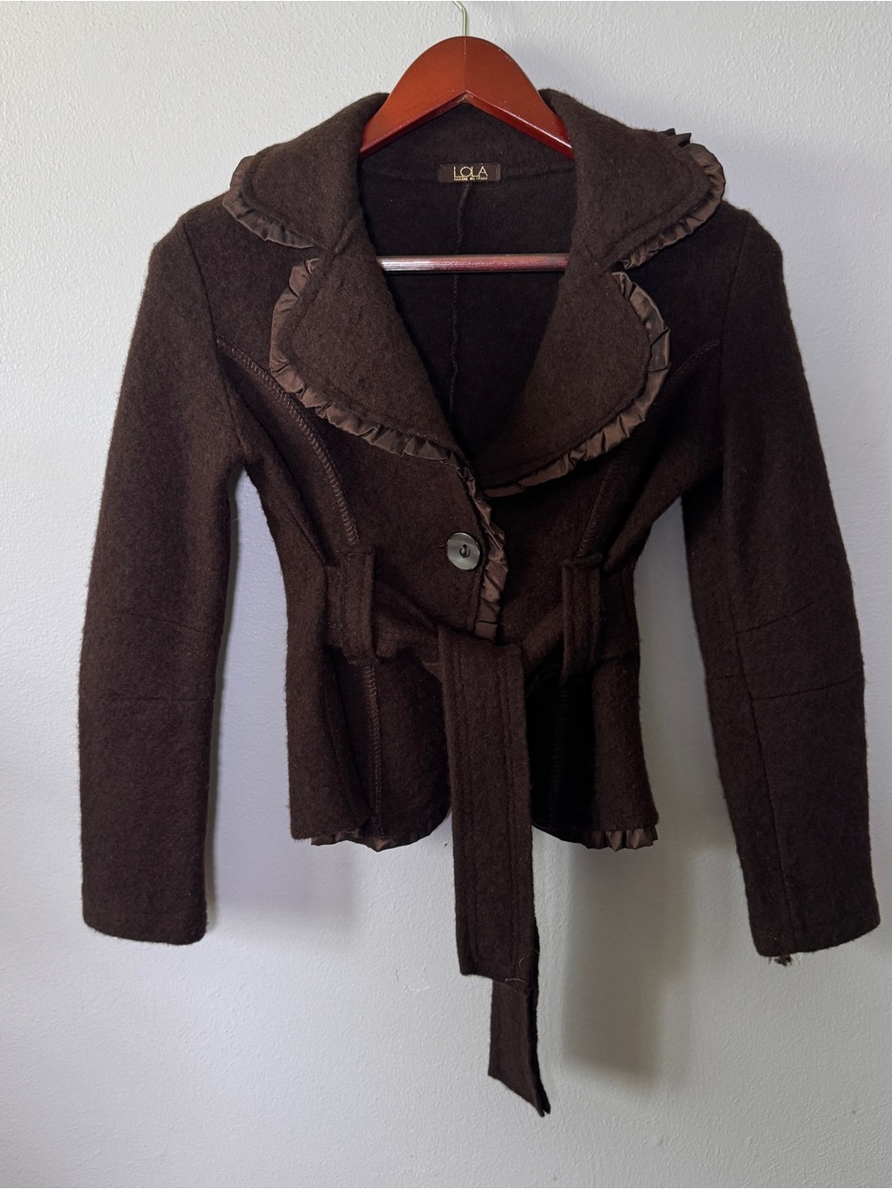 LOLA Made in Italy Y2K Brown Ruffle Collar Wool Belted Cardigan Jacket Small